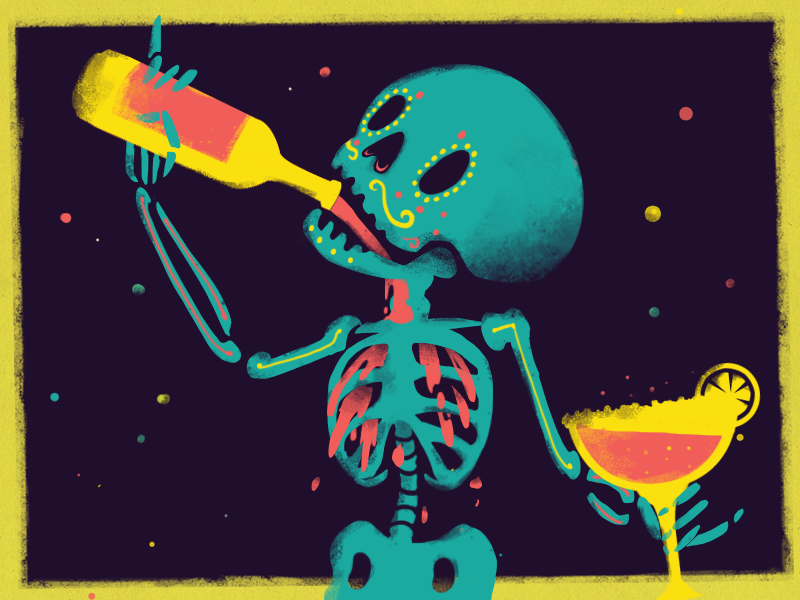 Party Time! day of the dead cinco de mayo teal yellow bottle skeleton bones margarita drinks illustration
