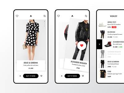 Concept of shopping App app badoo brands ios luxury mobile principle shop store swipe tinder ui ux wishlist