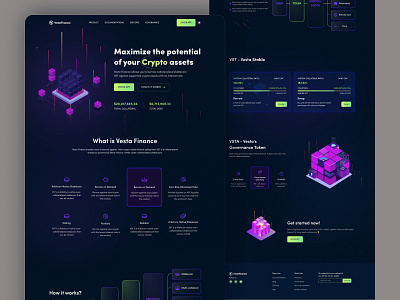 Vesta Finance Crypto Landing Page Redesign 2dillustration blockchain branding clean crypto crypto wallet cryptocurrency dark defi design finance graphic design hero landing landing page nft token ui user interface website