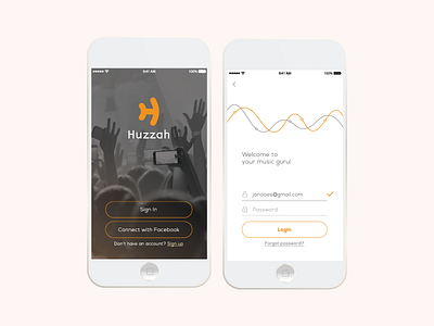 Huzzah app design illustrator login music orange ux vector