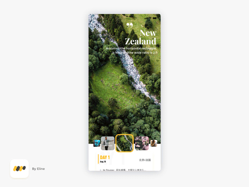 Dynamic design of travel destinations app city country design destination dynamic gif japan maldives motion new zealand page picture switch travel trip ui ux white yellow