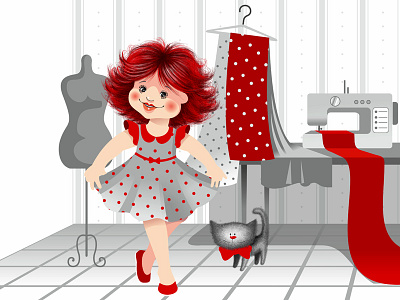Модница cat character fashionista girl llustration seamstress