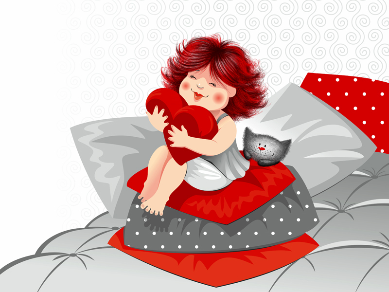С добрым утром cat character girl illustration morning pillow