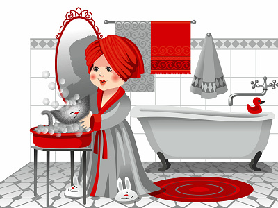 Водные процедуры cat character comfort girl illustration tub wash