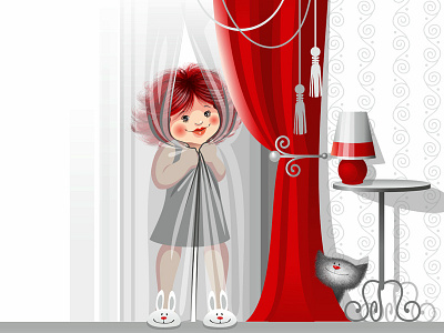 Прятки cat character comfort curtains girl illustration play