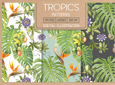 Patterns with passiflora flowers and exotic leaves. design graphic design illustration pri typography