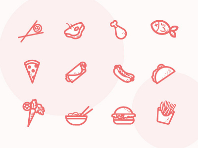 Food Icons burger fish food fries hotdog icons illustration steak sushi taco vector veggies