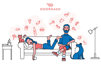 Doordash characters couch dog doordash food illustration people vector