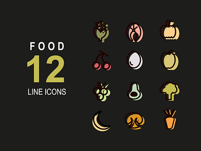 12 delicious  linear icons on black background