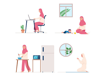 Female Moslem Pray And Do Daily Activity At Home activity flat home illustration islam moslem muslim religion vector