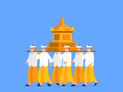 Group Of Balinese Boys Carry Sacred Object On Shoulder bali balinese ceremony nyepi parade vector
