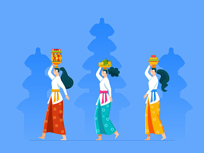 Walking Balinese Girl Bring Fruit Offerings For Rite Ceremony bali balinese ceremony indonesia nyepi parade vector