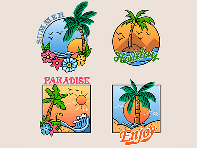 Paradise Palm Tree Cheerful Badge Collection beach coconut design flat holiday illustration summer tree