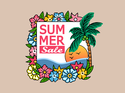 Summer Sale Palm Tree Banner badge beach coconut flower illustration sale summer tree