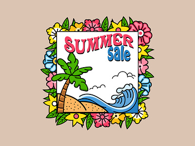 Summer Sale Palm Tree Square Banner beach coconut design holiday illustration sale summer tree