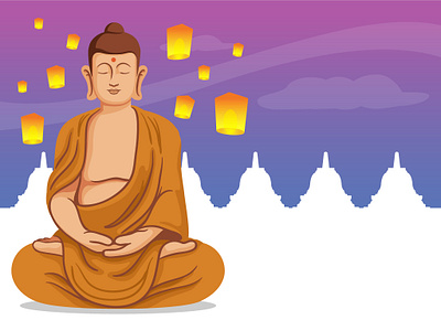 Sitting Buddha In Front Of Flying Vesak Lantern buddha buddhism buddhist culture graphic design greetingcard illustration indonesia religion vesak wesak