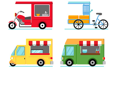 Mobile Street Food Shop bicycle flat food illustration mobile motorcycle seller stall street transportation truck vector vendor