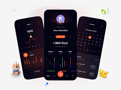 CaFit Fitness UI Kit (Dark theme) activity app cadesign cafit calories dark design fit fitness gym health healthcare kit light running sport ui ui kit ui8 workout