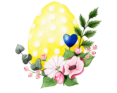 Yellow Easter egg with flowers and blue heart blue heart design easter easter card easter egg flowers illustration polka dot watercolor yellow easter yellow egg