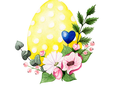 Yellow Easter egg with flowers and blue heart blue heart design easter easter card easter egg flowers illustration polka dot watercolor yellow easter yellow egg