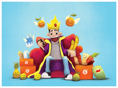 Customer Is King banner character. colour crown customer fruits illustration king throne vegetables