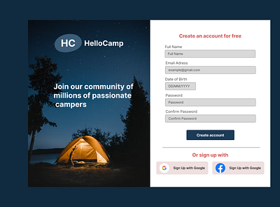 Signup Form For HelloCamp design form formdesign graphic design login signup typography ui uidesign ux uxdesign web web design