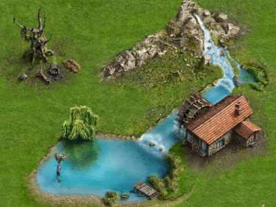 Game location game house illustration lake location map mountains river screen strategy waterfall
