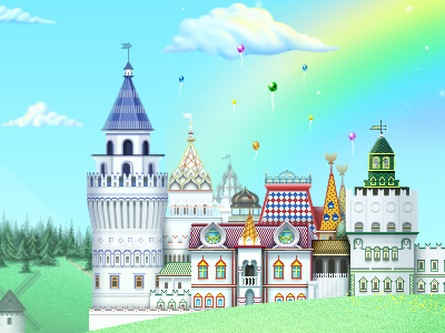 Moskow Izmailovo Kremlin art back backgrounde baloons building castle field forest house illustration illustrations location pixel pixelart rainbow screen site sky texture