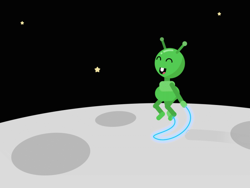 Alien Jump Rope after effects alien animation character animation duik flat glow green happy jump jumprope moon rigging shooting star space vector
