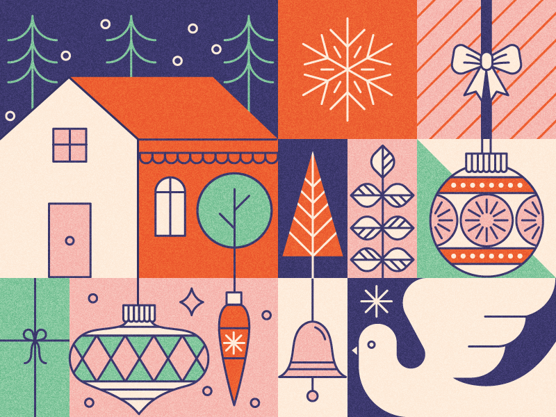 Festive pattern illustration greetings card wrapping paper bell bird trees seasons greetings decorations baubles present house dove festive pattern christmas