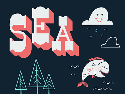 Seattle II cloud fish hand lettering nature postcard rain seattle trees typography wip