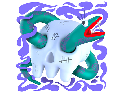 SKULL 3d android arnold art c4d cgi character design illustrator imessage ios render skull snake sticker telegram