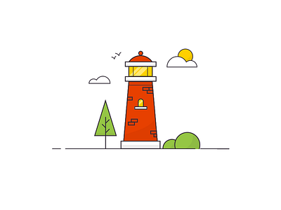 Lighthouse birds clouds illustration lighthouse sun tree vector