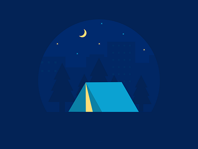 Away From The World buildings camp camping city flat forest illustration moon night stars vector