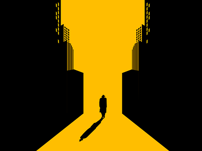 Trudging Away black building city contrast duochrome flat illustration man shadow silhouette vector yellow