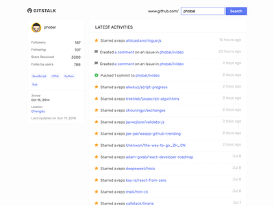 Gitstalk analyser analytics dashboard design git github interaction timeline ui