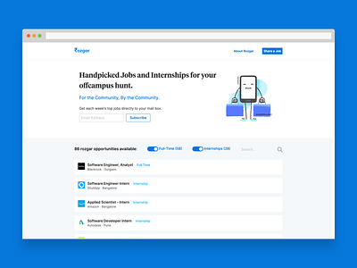 Rozgar filter hiring internships job board jobs list newsletter subscribe ui ux