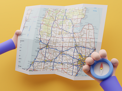 Lost in Michigan 3d blender cartoony compass first person hands illustration map michigan purple stylized yellow