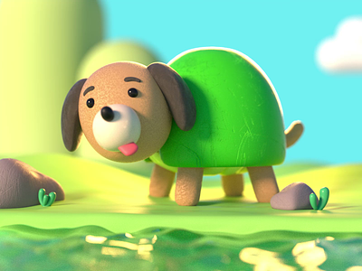 Dog ... Turtle?! animal animation c4d cartoon character cinema4d clouds colorful cute dog grass hills loop mario octane octanerender outdoors rocks turtle water