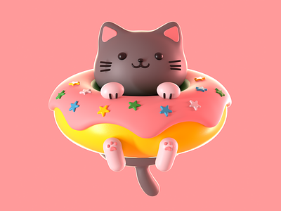 Donut Cat 3d 3dart c4d cat character cute donut fun illustration kitty octane pink project sprinkles