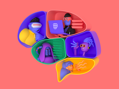 Brainstorming 3d 3dart brain brainstorm c4d characters collaborate colorful computer fun illustration octane polywork polyworking talking think thinking