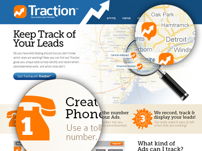 Traction Homepage blue homepage landing page leads magnifying glass maps orange tracking