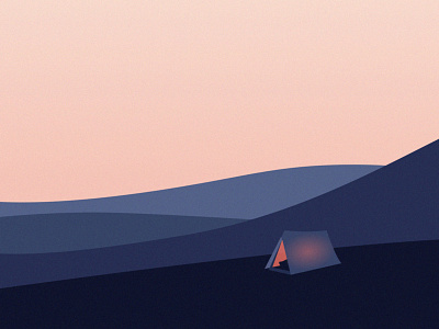 Camping art blue camp colors hills light pink sunset tent