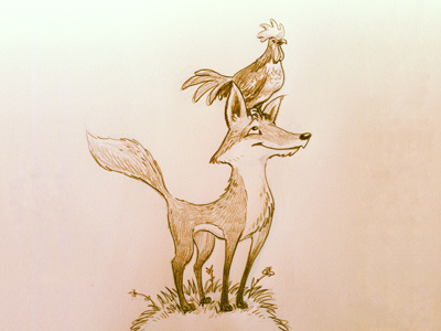 Fox & Rooster drawing illustration