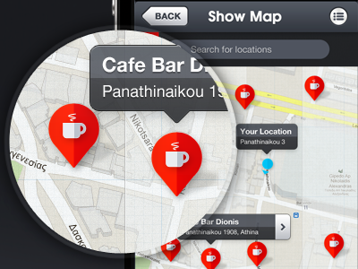 iOS App - Map Screen app ui cafe clean ios app iphone app map map pin slick ui