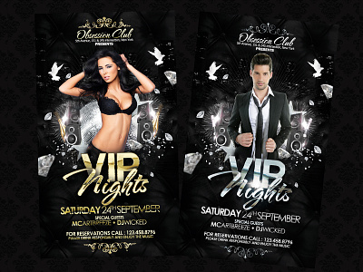 VIP Nights Party Flyer bloom brilliance class clean deluxe elegant flyer glamour glare gloss glow gold gold party luxe luxury party photoshop radiance rich sheen shimmer shine silver silver party template vip vip party