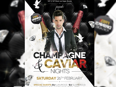 Champagne and Caviar Flyer Template bloom brilliance class clean deluxe elegant flyer glamour glare gloss glow gold gold party luxe luxury party photoshop radiance rich sheen shimmer shine silver silver party template vip vip party