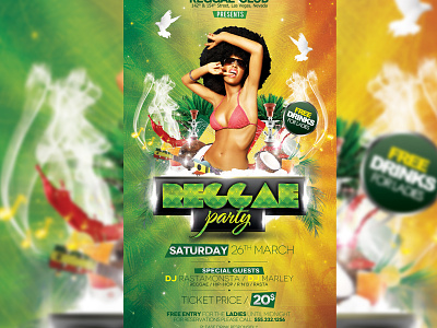 Reggae Party afro band club concert event festival flyer green grunge hookah indie jamaica jamaica party jamaican marijuana music party poster rasta rasta party red reggae reggae party roots smoke vintage weed yellow