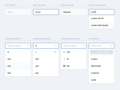 Input fields + Dropdowns active autocomplete dropdown fields icons input input field material menu search selector status