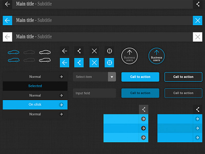 iPad app gui automotive blue button call to action car click close cta design dropdown flat gui hover icons interface ipad menu minimal plain share ui ux